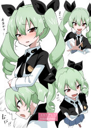 Rule 34 | 1girl, absurdres, anchovy (girls und panzer), anzio school uniform, artist name, black cape, black necktie, black skirt, blush, brown eyes, cape, commentary, cropped torso, crossed arms, donkichikin, dress shirt, drill hair, fang, frown, girls und panzer, green hair, half-closed eyes, highres, light frown, long hair, long sleeves, looking at viewer, miniskirt, motion lines, multiple views, necktie, open mouth, pantyhose, pleated skirt, reaching, reaching towards viewer, school uniform, shirt, simple background, skin fang, skirt, smile, standing, sweatdrop, translated, twin drills, twintails, twitter username, v-shaped eyes, white background, white pantyhose, white shirt, wing collar