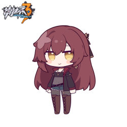 Rule 34 | 1girl, black jacket, blue shorts, blush stickers, boots, breasts, brown footwear, brown hair, chibi, cleavage, closed mouth, copyright name, covered navel, cross-laced footwear, denim, denim shorts, eden (honkai impact), eta, fishnets, full body, hair between eyes, honkai (series), honkai impact 3rd, jacket, lace-up boots, long sleeves, looking at viewer, open clothes, open jacket, pantyhose, puffy long sleeves, puffy sleeves, short shorts, shorts, simple background, small breasts, smile, solo, standing, thigh boots, white background, yellow eyes