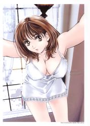 Rule 34 | 1girl, armpits, breasts, brown eyes, brown hair, chemise, cleavage, downblouse, covered erect nipples, highres, kobayashi hiyoko, large breasts, leaning forward, nakajou mai, original, outstretched arms, short hair, solo, spread arms, window