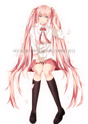 Rule 34 | 10s, 1girl, 2013, bow, bowtie, character name, full body, green eyes, hair ribbon, hatsune miku, highres, kneehighs, loafers, long hair, petals, pink hair, ribbon, sakura miku, sawao (kenban2), shoes, simple background, sitting, skirt, socks, solo, twintails, very long hair, vocaloid, white background