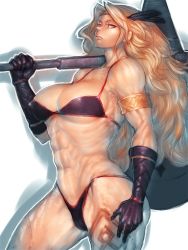 Rule 34 | 1girl, abs, amazon (dragon&#039;s crown), armlet, axe, bikini, blonde hair, breasts, cameltoe, cleavage, covered erect nipples, dragon&#039;s crown, feathers, fumio (rsqkr), gloves, grey eyes, halberd, holding, large breasts, lips, long hair, muscular, muscular female, nose, polearm, solo, swimsuit, tattoo, thick thighs, thighs, vanillaware, weapon