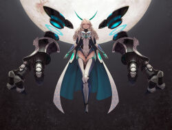 Rule 34 | 1girl, absurdres, blue bodysuit, blue gemstone, blue horns, bodysuit, breasts, cape, closed mouth, commentary, ddcc0123, english commentary, floating, full body, gem, grey hair, highres, horns, lips, long hair, looking at viewer, mechanical arms, medium breasts, moon, multicolored bodysuit, multicolored clothes, orange eyes, original, outdoors, solo, white bodysuit, white cape