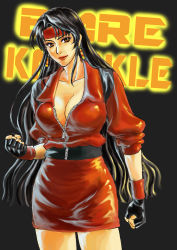 Rule 34 | 1girl, artist request, bad id, bad pixiv id, streets of rage, black gloves, black hair, blaze fielding, breasts, brown eyes, cleavage, clenched hands, copyright name, earrings, fingerless gloves, gloves, headband, jacket, jewelry, large breasts, lips, long hair, mole, mole under mouth, no bra, nonoko78, pencil skirt, red jacket, red skirt, sega, skirt, solo, unzipped