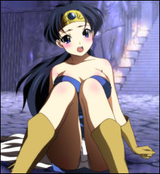 Rule 34 | 1girl, black hair, blue eyes, blush, boots, breasts, chunsoft, cleavage, dragon quest, dragon quest iii, enix, female focus, gloves, highres, large breasts, long hair, looking at viewer, open mouth, panties, roto (dq3), sitting, solo, spread legs, stairs, underwear, white panties, yadokari genpachirou