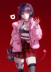 Rule 34 | 1girl, ahoge, bag, bare shoulders, black hair, black thighhighs, breasts, cleavage, collarbone, cowboy shot, crop top, demon girl, demon horns, demon tail, earrings, fingernails, fishnet thighhighs, fishnets, hair ornament, hairclip, hand up, heart, heart ahoge, heart tattoo, highres, horns, jacket, jewelry, looking at viewer, medium breasts, midriff, miniskirt, off shoulder, open clothes, open jacket, original, parted lips, pink jacket, plaid, plaid skirt, pleated skirt, puffy sleeves, red background, red eyes, red skirt, sharp fingernails, short hair, shoulder bag, simple background, skirt, sleeveless, solo, spoken heart, tail, tattoo, thighhighs, unjem, zettai ryouiki