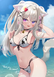 Rule 34 | 1girl, :d, animal ears, animal print, bell, bikini, black choker, braid, breasts, cat ears, cat girl, cat tail, choker, commission, cow print, cow print bikini, fang, grey hair, heterochromia, highres, large breasts, long hair, looking at viewer, navel, neck bell, ocean, open mouth, print bikini, purple eyes, sese nagi, side braid, single braid, skeb commission, skin fang, smile, stomach, swimsuit, tail, two side up, vrchat