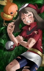Rule 34 | 1girl, bandana, bike shorts, black shorts, blood, blood from mouth, blood on face, brown hair, bruise, closed eyes, creatures (company), game freak, gen 3 pokemon, grass, highres, injury, jacket, long hair, lying, may (pokemon), nintendo, on side, poke ball, pokemon, pokemon (creature), pokemon rse, red bandana, red jacket, shiijisu, short shorts, short sleeves, shorts, tears, torchic, torn clothes, torn jacket, torn shorts