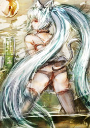 Rule 34 | 1girl, animal ears, ass, blue hair, cat ears, cat tail, female focus, from behind, hatsune miku, kemonomimi mode, long hair, ouchu (toustar), panties, pantyshot, red eyes, sketch, skirt, solo, tail, thighhighs, twintails, underwear, upskirt, very long hair, vocaloid