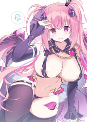 Rule 34 | 1girl, \||/, absurdres, anneliese, areola slip, arm at side, bare shoulders, black panties, black thighhighs, blush, breasts, cleavage, commentary request, cowboy shot, crown, curled horns, curvy, demon girl, demon horns, demon tail, demon wings, detached collar, detached sleeves, floating hair, frown, furrowed brow, hair ribbon, hand up, heart, heart-shaped ornament, heart o-ring, highres, horns, huge breasts, kimagure temptation, large breasts, long hair, looking at viewer, midriff, mini crown, navel, o-ring, o-ring thigh strap, open mouth, panties, pink eyes, pink hair, ribbon, simple background, sleeves past wrists, solo, speech bubble, spoken sweatdrop, sukonbu385, sweatdrop, tail, thick thighs, thigh gap, thigh strap, thighhighs, thighs, twintails, underwear, very long hair, wavy mouth, white background, wide hips, wings