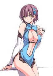 Rule 34 | 1girl, bare shoulders, breasts, brown eyes, china dress, chinese clothes, cleavage, detached sleeves, dress, hair ornament, highres, large breasts, looking at viewer, navel, no panties, original, parted lips, purple hair, shiny skin, short hair, simple background, solo, standing, suzutsuki kurara, white background