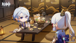 Rule 34 | 1boy, 1girl, armor, ayaka (genshin impact), black gloves, blue bow, blue hair, blurry, blurry foreground, bow, bowl, brother and sister, bubble tea, chibi, chopsticks, closed mouth, commentary request, copyright name, cup, cushion, dango, depth of field, dog, drink, drinking straw, facing away, folding screen, food, genshin impact, gloves, gold trim, hair between eyes, hair ornament, hair ribbon, hand up, high ponytail, highres, hotpot, indoors, jacket, japanese armor, japanese clothes, kamisato ayato, kimono, lantern, lapels, light particles, long hair, long sleeves, looking at another, mole, mole under mouth, mushroom, official art, omelet, open clothes, open jacket, parted bangs, pink ribbon, plate, ponytail, purple eyes, red ribbon, ribbon, rope, sanshoku dango, shadow, shiba inu, shiitake, short hair, shoulder armor, shrimp, siblings, sitting, skewer, smile, sode, split mouth, standing, steam, swept bangs, table, tamagoyaki, taroumaru (genshin impact), tassel, tatami, tri-flavored skewer (genshin impact), vambraces, vision (genshin impact), wagashi, watermark, waving, white bow, white jacket, wide sleeves, zabuton