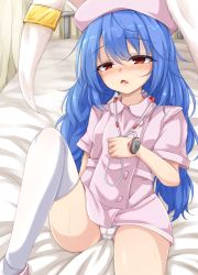 Rule 34 | 1girl, animal ears, bed, blue hair, blush, cameltoe, commentary request, dress, earclip, hand on own chest, hat, knee up, legs, long hair, low twintails, lying, neko mata, nurse, nurse cap, on back, open mouth, panties, pantyshot, pink dress, pink hat, rabbit ears, red eyes, seiran (touhou), short dress, solo, stethoscope, thighhighs, thighs, touhou, twintails, underwear, white panties, white thighhighs