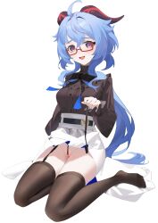 Rule 34 | 1girl, absurdres, ahoge, al2, black bow, black shirt, black thighhighs, blue hair, blush, bow, breasts, clothes lift, frilled shirt, frilled sleeves, frills, full body, ganyu (china merchants bank) (genshin impact), ganyu (genshin impact), garter belt, genshin impact, glasses, high-waist skirt, highres, horns, long hair, long skirt, long sleeves, looking at viewer, medium breasts, no panties, no shoes, official alternate costume, open mouth, purple eyes, red-framed eyewear, semi-rimless eyewear, shirt, shirt tucked in, sidelocks, sitting, skirt, skirt lift, smile, solo, sweatdrop, thighhighs, thighs, turtleneck, wariza, white background, white skirt