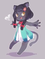 Rule 34 | 1girl, animal ears, barefoot, black hair, blue dress, braid, brown eyes, cat ears, cat tail, commentary request, dress, fang, flower, furry, furry female, hair flower, hair ornament, hairclip, highres, open mouth, original, outstretched arms, short hair, sleeveless, sleeveless dress, smile, solo, tail, twin braids, white dress, yuuki (yuyuki000)