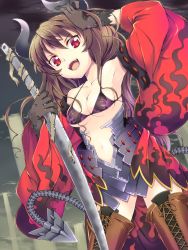 Rule 34 | 1girl, armor, armpits, bad id, bad pixiv id, bikini, bikini top only, boots, breasts, brown hair, claws, collarbone, cross-laced footwear, demon girl, demon horns, demon tail, detached sleeves, horns, ikura hato, japanese clothes, lace-up boots, long hair, navel, off shoulder, open mouth, original, purple hair, red eyes, sharp teeth, skindentation, slit pupils, solo, swimsuit, sword, tail, teeth, thigh boots, thighhighs, underboob, weapon