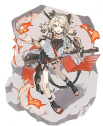 Rule 34 | 1girl, arknights, black ankleband, black choker, black dress, black footwear, blonde hair, cape, choker, collarbone, demon girl, demon horns, demon tail, dress, fire, flamethrower, full body, gun, hand up, highres, holding, holding gun, holding weapon, horns, ifrit (arknights), infection monitor (arknights), looking at viewer, material growth, nail polish, orange eyes, orange nails, oripathy lesion (arknights), osakanadream, sandals, short twintails, solo, tail, thigh trap, toenail polish, toenails, twintails, weapon, white cape