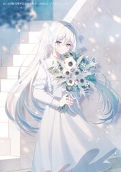 Rule 34 | 1girl, blue eyes, blush, bouquet, closed mouth, commentary request, copyright request, day, dress, flower, grey hair, hair between eyes, highres, holding, holding bouquet, layered sleeves, long sleeves, looking at viewer, myusha, official art, outdoors, pleated dress, short over long sleeves, short sleeves, smile, solo, stairs, twintails, white dress, white flower
