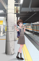 Rule 34 | 1girl, backpack, bag, blue bag, blue sky, breasts, brown eyes, brown footwear, brown hair, column, commentary request, day, dress, food, full body, giving, grey dress, grey socks, hair ornament, hairclip, highres, ice cream, ice cream cone, indoors, kneehighs, loafers, looking at viewer, open mouth, original, pillar, puffy short sleeves, puffy sleeves, railroad tracks, shadow, shoes, short hair, short sleeves, sign, sky, small breasts, socks, solo, standing, tactile paving, teeth, tousai (kiha52122), train, train station, upper teeth only, wide shot