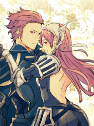 Rule 34 | 1boy, 1girl, armor, back, backless outfit, black gloves, cherche (fire emblem), cowboy shot, fire emblem, fire emblem awakening, gauntlets, gerome (fire emblem), gloves, hair ribbon, hair slicked back, highres, hug, long hair, looking at viewer, looking back, maid headdress, mother and son, nintendo, nishimura (nianiamu), patterned background, purple eyes, purple hair, ribbon, scale armor, short hair, smile, straight hair, winged hair ornament