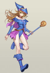 Rule 34 | 1girl, absurdres, bare shoulders, blonde hair, blue footwear, blue hat, blue leotard, boots, breasts, capelet, dark magician girl, duel monster, full body, green eyes, hat, highres, holding, holding staff, leotard, long hair, looking at viewer, mac star, medium breasts, miniskirt, pentagram, pink capelet, pink skirt, simple background, skin tight, skirt, solo, staff, vambraces, wizard hat, yu-gi-oh!