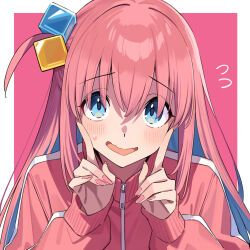 Rule 34 | 1girl, blue eyes, blush, bocchi the rock!, commentary, cube hair ornament, fingernails, gotoh hitori, hair between eyes, hair ornament, highres, index finger raised, jacket, long hair, looking at viewer, one side up, open mouth, pink background, pink hair, pink jacket, pink nails, smile, solo, track jacket, two-tone background, upper body, white background, xiaoxiao de kuangsan, zipper