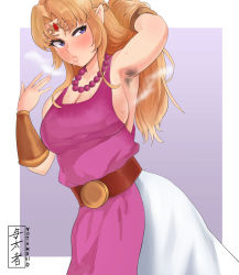 Rule 34 | 1girl, absurdres, arm up, armpit hair, armpits, blonde hair, blue eyes, blush, breasts, cleavage, female focus, highres, large breasts, nintendo, princess zelda, smell, solo, steaming body, sweat, sweat stain, the legend of zelda, the legend of zelda: a link between worlds, yotamono