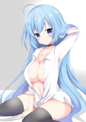 Rule 34 | 1girl, ahoge, bad id, bad pixiv id, bed, bed sheet, between legs, black choker, black thighhighs, blue eyes, blue hair, blush, bottomless, breasts, buttons, choker, cleavage, collarbone, commentary request, dress shirt, emori miku, hair ornament, hamico, hand between legs, heart, heart choker, highres, indoors, large breasts, liver city, long hair, looking at viewer, naked shirt, navel, no bra, on bed, open clothes, open shirt, ruffling hair, shirt, sitting, solo, thighhighs, very long hair, wariza, white shirt