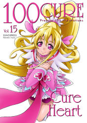 Rule 34 | 1girl, aida mana, bike shorts, blonde hair, boots, bow, choker, closed mouth, collarbone, cover, cover page, cure heart, curly hair, dokidoki! precure, dress, eunos, hair ribbon, half updo, hands on own chest, knee boots, long hair, looking at viewer, magical girl, pink bow, pink dress, pink eyes, pink footwear, pink neckwear, pink ribbon, pink shorts, ponytail, precure, ribbon, shorts, shorts under skirt, simple background, smile, solo, waist bow, white background