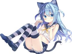 Rule 34 | 1girl, animal ears, ass, bare arms, bare shoulders, black sailor collar, black skirt, blue eyes, blue footwear, blue hair, blue nails, breasts, cameltoe, cat day, cat ears, cat girl, cat tail, collarbone, commentary request, crop top, crop top overhang, full body, hair between eyes, hair ornament, hands up, highres, knees up, long hair, looking at viewer, mary janes, midriff, miniskirt, nail polish, navel, neckerchief, original, panties, parted lips, pleated skirt, saeki sora, sailor collar, school uniform, serafuku, shirt, shoe soles, shoes, simple background, skirt, sleeveless, sleeveless shirt, small breasts, solo, stomach, striped clothes, striped thighhighs, tail, thighhighs, two side up, underwear, white background, white panties, white shirt