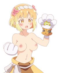 Rule 34 | 1girl, absurdres, animal hands, bandaged arm, bandages, blonde hair, blush, breasts, cat paws, endro!, fai fai, flower, gloves, hair flower, hair ornament, hairband, highres, large breasts, navel, nipples, open mouth, short hair, simple background, solo, standing, topless, white background, x20man, yellow eyes