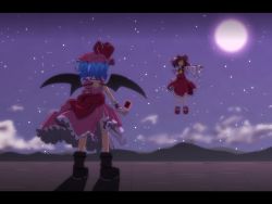 Rule 34 | 2girls, ankle boots, ascot, bat wings, black hair, blouse, blue hair, bobby socks, boots, bow, cato (monocatienus), cloud, detached sleeves, female focus, flying, from behind, full moon, gohei, hair bow, hair tubes, hakurei reimu, hat, hat ribbon, hill, letterboxed, long sleeves, mary janes, moon, multiple girls, night, night sky, outstretched arm, remilia scarlet, ribbon, shirt, shoes, short hair, skirt, sky, socks, spell card, standing, star (sky), torn clothes, touhou, vest, white legwear, wide sleeves, wings, wrist cuffs