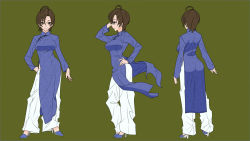 Rule 34 | 1girl, ahoge, brown eyes, brown hair, character sheet, china dress, chinese clothes, dress, hirabaru kenji, impossible clothes, meiko (vocaloid), multiple views, short hair, simple background, turnaround, vietnamese dress, vocaloid