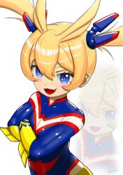Rule 34 | 1girl, :d, all might, all might (cosplay), antenna hair, blonde hair, blue bodysuit, blue eyes, blue headwear, bodysuit, boku no hero academia, breasts, cosplay, crossed arms, fang, from above, goddess of victory: nikke, hair between eyes, headgear, highres, hinoko0000, laplace (nikke), light blush, long hair, multicolored bodysuit, multicolored clothes, multicolored headwear, open mouth, red bodysuit, red headwear, sidelocks, signature, small breasts, smile, solo, twintails, white bodysuit, zoom layer