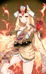 Rule 34 | 1girl, absurdres, anoshabu, bare shoulders, breasts, collarbone, earrings, facial mark, fang, fang out, fate/grand order, fate (series), fingernails, forehead, forehead mark, hair pulled back, highres, horns, ibaraki douji (fate), japanese clothes, jewelry, kimono, long hair, long sleeves, looking at viewer, oni, oni horns, sharp fingernails, small breasts, smile, solo, tattoo, yellow eyes, yellow kimono