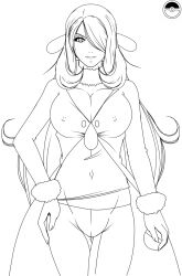 Rule 34 | 1girl, breasts, cellshadfan, cleavage, coat, covered erect nipples, creatures (company), cynthia (pokemon), fur collar, fur trim, game freak, hair ornament, hand on own hip, highres, large breasts, lineart, long hair, midriff peek, navel, nintendo, pants, poke ball, pokemon, pokemon dppt, smile, taut clothes, very long hair