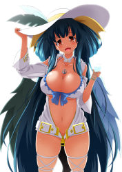 Rule 34 | 1girl, :d, anchor necklace, angel wings, asymmetrical wings, belt, blue hair, blush, bottle, bra, breasts, choker, cleavage, coat, collarbone, dizzy (guilty gear), feathers, guilty gear, hair ribbon, hat, highres, holding, holding bottle, jewelry, large breasts, looking at viewer, mature female, midriff, navel, necklace, open mouth, raven (artist), red eyes, ribbon, shaded face, skindentation, smile, solo, stomach, sun hat, sunlight, sweat, sweatdrop, tareme, thick thighs, thigh strap, thighs, twintails, underwear, water bottle, white bra, white coat, wings, yellow ribbon, zipper