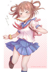 Rule 34 | &gt; &lt;, 1girl, blue sailor collar, bread, bread slice, brown footwear, brown hair, closed eyes, copyright name, food, food in mouth, hair rings, hirokazu (analysis-depth), late for school, mouth hold, outside border, pleated skirt, princess connect!, rino (princess connect!), rino (real) (princess connect!), sailor collar, sailor shirt, school uniform, scrunchie, shirt, shoes, simple background, skirt, socks, solo, toast, toast in mouth, white shirt, wrist scrunchie