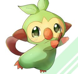 Rule 34 | animal focus, arms up, artist name, closed mouth, creatures (company), full body, game freak, gen 8 pokemon, green eyes, grookey, happy, highres, holding, holding stick, looking at viewer, nintendo, no humans, pokemon, pokemon (creature), shia (shi12 poke), signature, simple background, smile, solo, split mouth, stick, white background