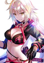 Rule 34 | 1girl, bikini, black bikini, black gloves, black jacket, breasts, cleavage, closed mouth, cropped jacket, fate/grand order, fate (series), fuzichoco, gloves, grey hair, jacket, jeanne d&#039;arc alter (swimsuit berserker) (fate), jeanne d&#039;arc (fate), jeanne d&#039;arc alter (fate), jeanne d&#039;arc alter (swimsuit berserker) (fate), long hair, medium breasts, navel, o-ring, o-ring bikini, o-ring bottom, o-ring top, shrug (clothing), solo, swimsuit, very long hair, white background, yellow eyes