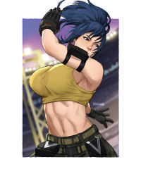 Rule 34 | 1girl, armlet, artist name, bare shoulders, belt, blue eyes, blue hair, blurry, blurry background, breasts, breikka, camouflage, camouflage pants, clenched hand, gloves, leona heidern, midriff, military, navel, pants, pocket, ponytail, snk, solo, stadium, tank top, the king of fighters, the king of fighters xv, twisted torso, yellow tank top