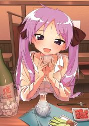 Rule 34 | 1girl, blush, bottle, brown ribbon, chopsticks, cup, elbow rest, food, hair ribbon, highres, hiiragi kagami, holding, holding cup, hotaru iori, ichimi renge, indoors, long hair, long sleeves, looking at viewer, lucky star, open mouth, pov, purple eyes, purple hair, restaurant, ribbon, shirt, solo, table, twintails, water, white shirt