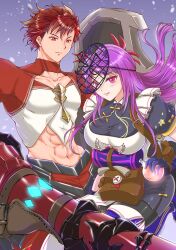 Rule 34 | 1boy, 1girl, abs, apron, breasts, closed mouth, diamant (fire emblem), fascinator, fire emblem, fire emblem engage, frilled apron, frills, highres, holding, holding weapon, ivy (fire emblem), komainutotoro, large breasts, long hair, midriff peek, nintendo, pink eyes, purple hair, red eyes, red hair, short hair, weapon