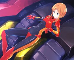 Rule 34 | 1girl, blue eyes, clenched hand, covered navel, flat chest, gloves, gundam, gundam zz, highres, ishiyumi, leaning back, light smile, looking at viewer, open hand, orange hair, pilot suit, puru two, red gloves, short hair, solo