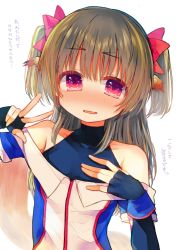 Rule 34 | 1girl, animal ears, aquaplus, bare shoulders, blush, breasts, brown hair, collarbone, covered collarbone, gradient eyes, hair between eyes, hair ribbon, hand on own chest, highres, long hair, looking at viewer, mole, mole under eye, multicolored eyes, nekone (utawarerumono), nose blush, off shoulder, ogata rina, open mouth, red eyes, ribbon, sidelocks, sleeveless, small breasts, solo, twintails, upper body, utawarerumono, utawarerumono: itsuwari no kamen, white album, white album (series), yasonomugi