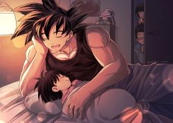 Rule 34 | 2boys, 2girls, ^ ^, arm support, backlighting, bed, bed sheet, bedroom, black hair, blunt bangs, blurry, bokeh, bowl cut, child, clenched hands, closed eyes, closed mouth, commentary request, cuddling, depth of field, door, dot nose, dragon ball, dragonball z, father and daughter, father and son, glasses, grandfather and granddaughter, hand on own cheek, hand on own face, happy, head on chest, indoors, lamp, long sleeves, lying, majin buu, mattari illust, mother and daughter, multiple boys, multiple girls, muscular, music, nightstand, objectification, on bed, on side, open door, open mouth, pan (dragon ball), pectorals, peeking, pillow, pink shirt, poster (object), profile, semi-rimless eyewear, shaded face, shirt, short hair, singing, smile, son gohan, son goku, stuffed toy, tank top, toy, twitter username, under covers, videl