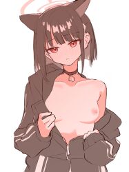 Rule 34 | 1girl, absurdres, animal ears, belt collar, black choker, black hair, blue archive, blush, bob cut, breasts, breasts out, cat ears, choker, closed mouth, collar, collarbone, cowboy shot, dot nose, extra ears, hair ornament, hairclip, halo, highres, jacket, kazusa (blue archive), looking at viewer, nipples, no bra, nou ka, open clothes, open jacket, partially undressed, partially unzipped, pink halo, red eyes, short hair, single off shoulder, small breasts, solo, undressing, upper body