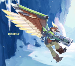 Rule 34 | 1boy, armor, battleborn, benedict (battleborn), boots, character name, eokibamorimori, feathered wings, furry, furry male, gloves, gun, ice, male focus, mountain, multicolored eyes, red eyes, sen nai, solo, weapon, wings, yellow eyes