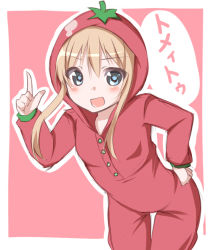 Rule 34 | 1girl, :d, blonde hair, blue eyes, buttons, hand on own hip, index finger raised, kou89, leaning forward, looking at viewer, open mouth, pajamas, red background, smile, solo, tomato costume, toshinou kyouko, yuru yuri