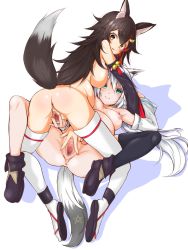 Rule 34 | 2girls, ahoge, animal ear fluff, animal ears, anus, aqua eyes, ass, bare shoulders, belly, big belly, black footwear, black hair, black legwear, black sleeves, blush, braid, breasts, censored, collarbone, detached sleeves, fox ears, fox girl, fox tail, from behind, girl on top, hair between eyes, hair ornament, hairclip, highres, hololive, kokechan, large breasts, long hair, long sleeves, looking at viewer, lying, multicolored hair, multiple girls, nipples, nude, on back, ookami mio, open mouth, pregnant, presenting, pussy, red hair, sandals, shirakami fubuki, shirakami fubuki (1st costume), shoes, single braid, single thighhigh, smile, spread legs, spread pussy, streaked hair, tail, thighhighs, virtual youtuber, white background, white hair, white legwear, white sleeves, wide sleeves, wolf ears, wolf girl, wolf tail, yellow eyes
