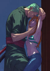 Rule 34 | 1boy, 1girl, bikini, bikini top only, closed eyes, denim, earrings, green hair, hand on another&#039;s mouth, highres, jeans, jewelry, long hair, looking at another, lpilz, nami (one piece), one piece, orange hair, pants, roronoa zoro, short hair, signature, single earring, size difference, swimsuit